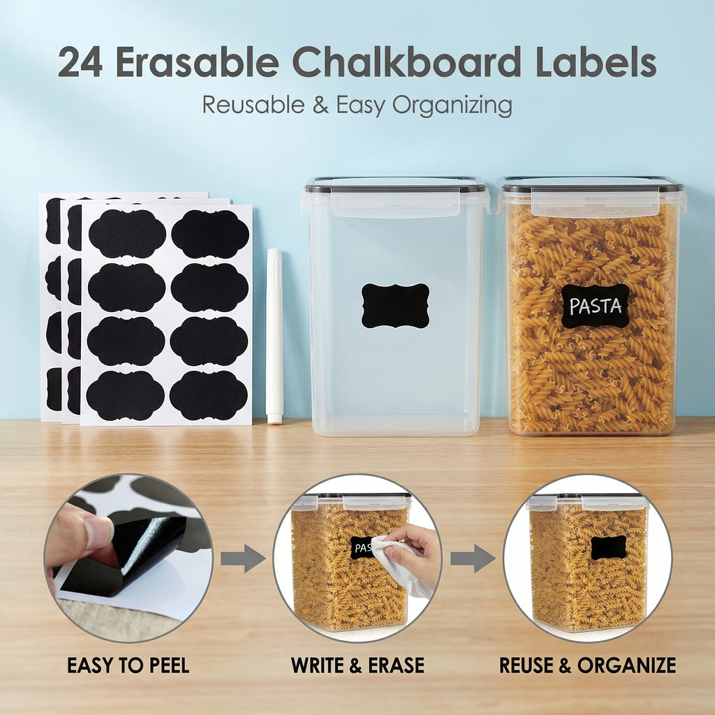 4-Pack Large Airtight Food Storage Containers, BPA-Free Plastic Canisters for Flour, Sugar, Rice, Pasta, and Baking Supplies with Lids, 4 Measuring Cups, and 24 Labels, Black Kitchen Pantry Organizer Set