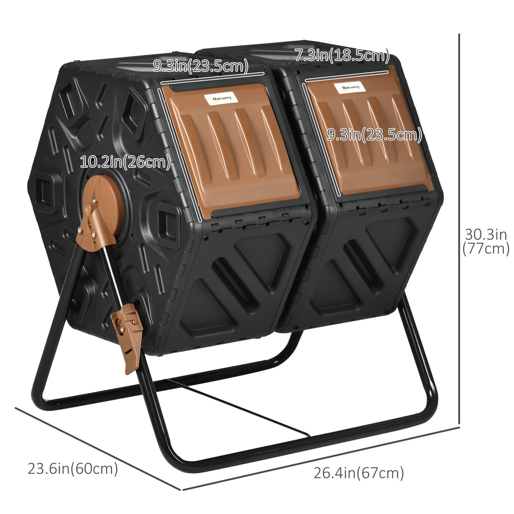 34.5-Gallon Dual Chamber Rotating Compost Tumbler, 360° Spin, 24 Ventilation Openings, Lock Brake, Anti-Clump Divider Bar, Steel Legs, 26.4"x23.6"x30.3", Compost Ready in 1-3 Months, Brown