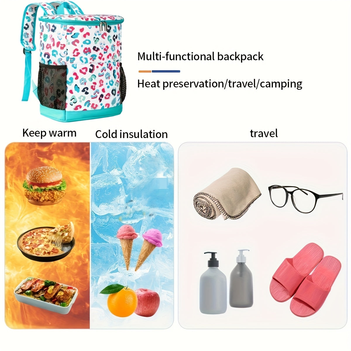Insulated Cooler Backpack 30-Can Leopard Print with Mesh Pockets & Adjustable Straps - Leakproof Nylon Cooler Bag for Beach, Camping, Picnic, Hiking, Travel, and Daily Use