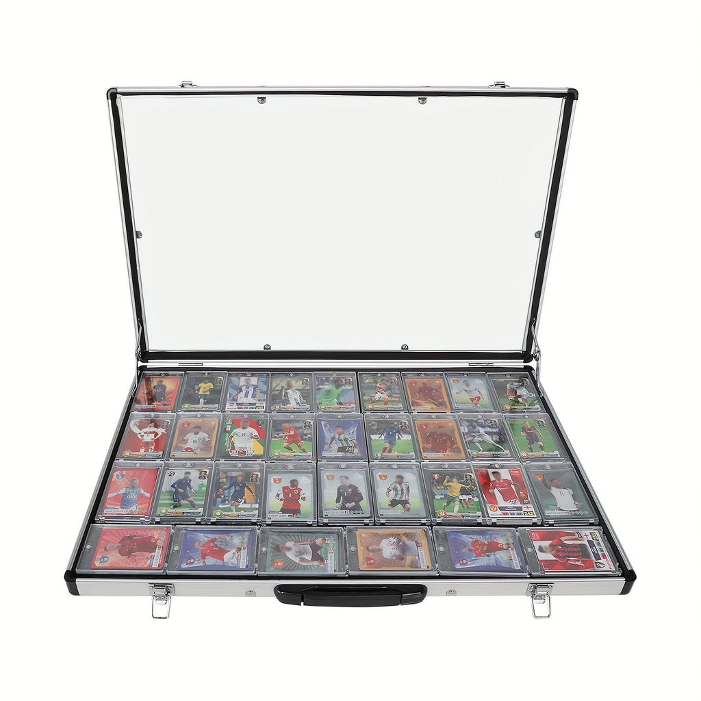 Aluminum Trading Card Display Case, Lockable Portable Collector Showcase Box with Carry Handle for Pokemon MTG Sports Cards Pins Jewelry Photos Collectibles, Silver Black