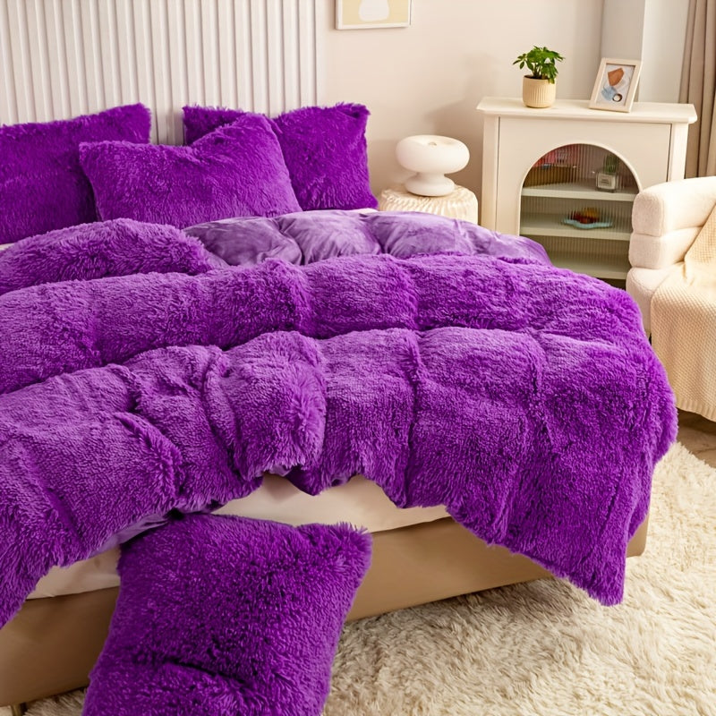 Plush Duvet Cover Set 3 Piece, Long Hair Knitted Polyester, Solid Color Fuzzy Comforter Cover with Zipper Closure, All-Season Soft Cozy Bedding Set for Bedroom, Multiple Colors Available