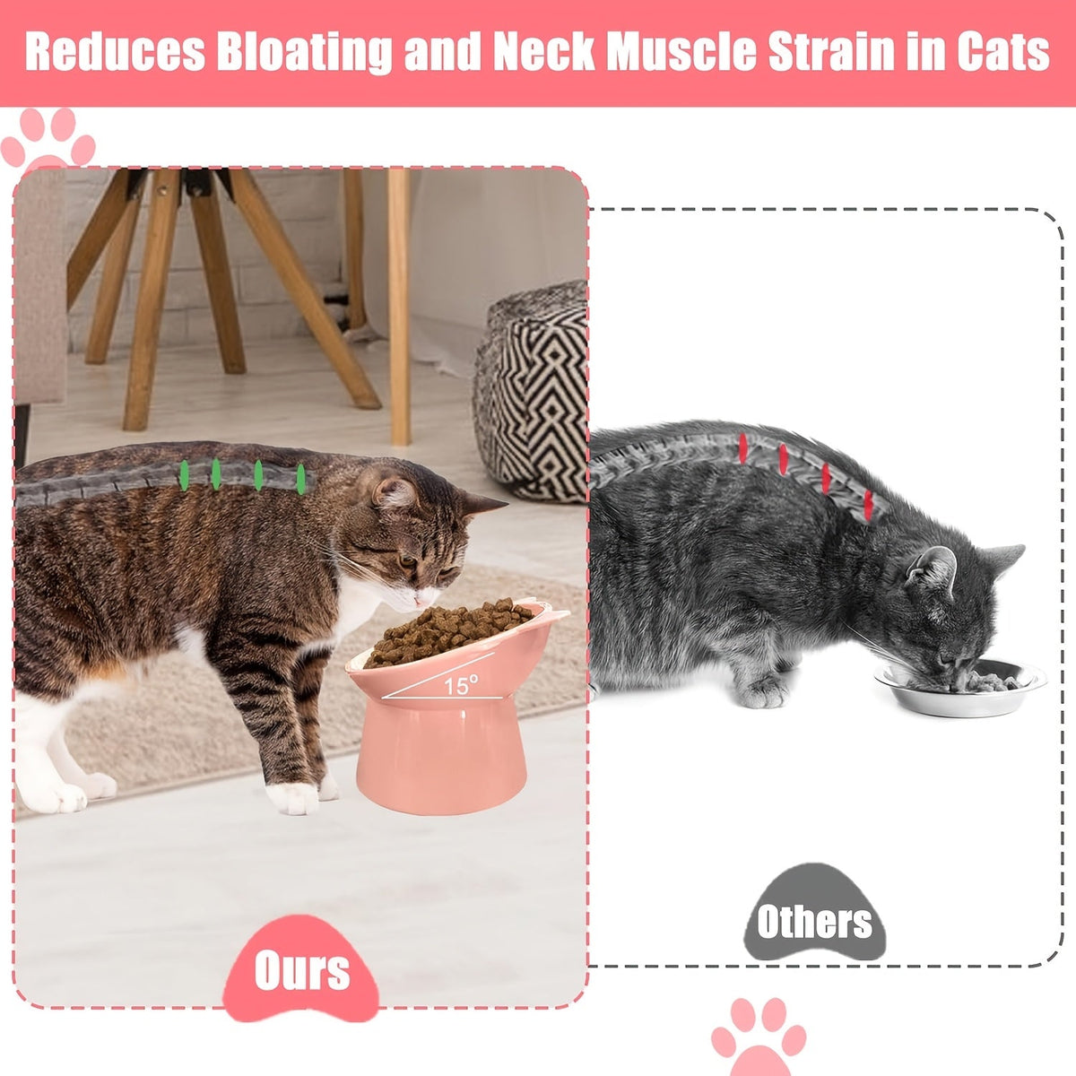 Raised Cat Bowls Set of 3, Cat-Ear Shaped Elevated Feeder, Anti-Slip Base, Neck Comfort Design, Tri-Color Pet Feeding Dish (Pink, Green, Blue) for Multi-Cat Households