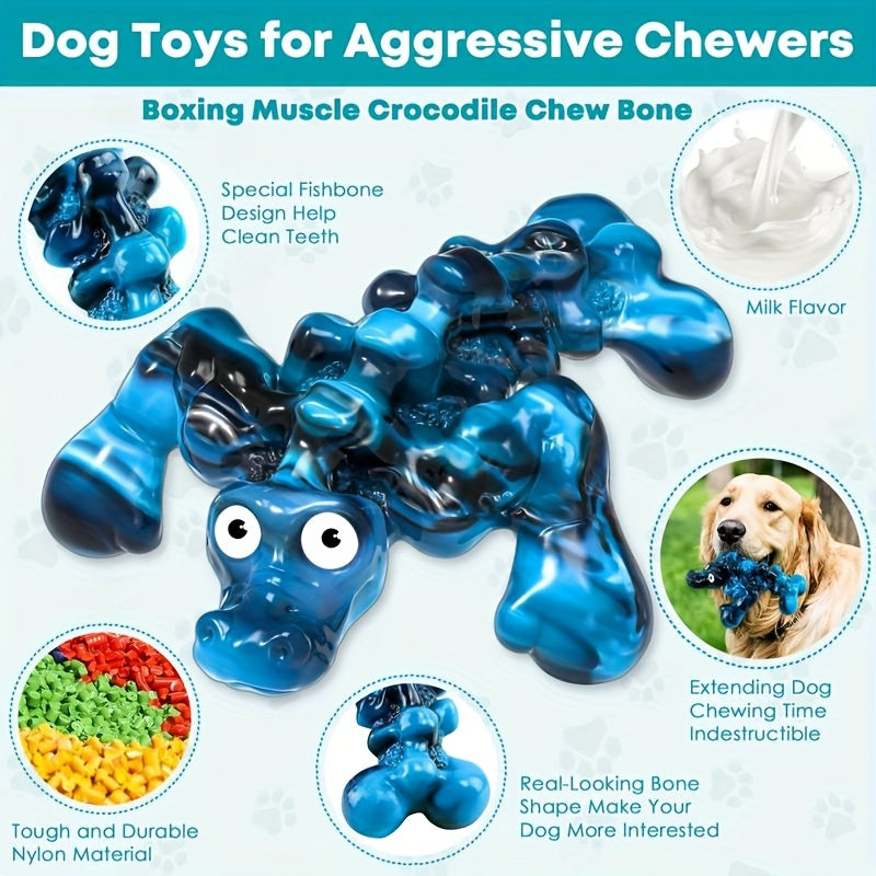 Indestructible Crocodile Dog Chew Toy – Durable Nylon & Rubber Squeaky Chew for Aggressive Chewers 20-100 lbs, Milk Flavor, Teeth Cleaning Bumpy Texture, for Large, Medium & Small Dogs