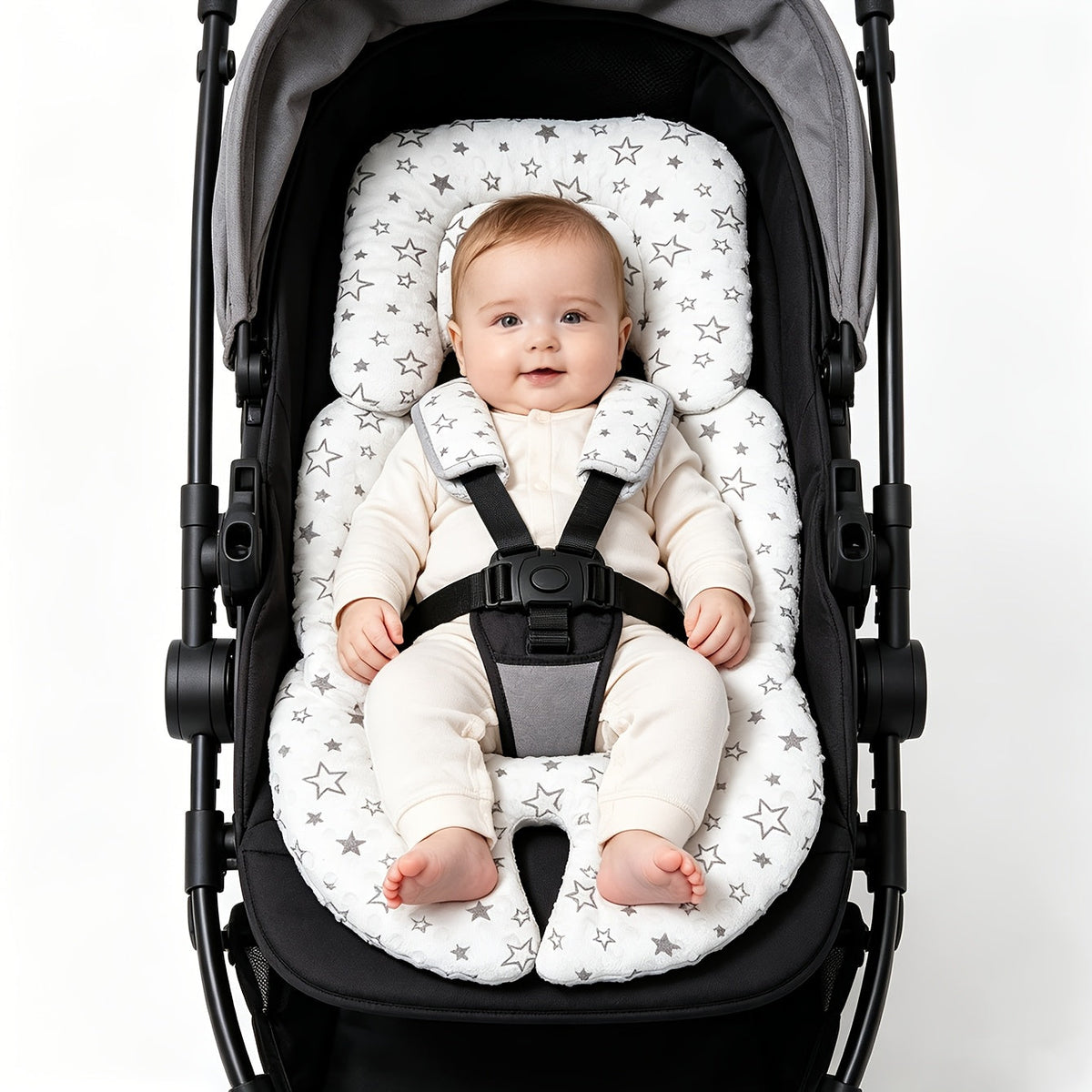 Stroller Seat Cushion with Bean Bag Filling, Soft Breathable Multi-Purpose Baby Stroller Seat Pad for Winter & All-Season Comfort, Fits Most Stroller Models, Ideal for Mother & Baby Outings, White Star