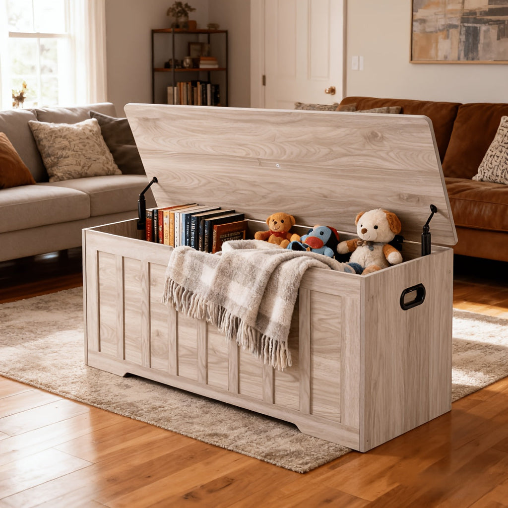 47-Inch Storage Desk with Lift-Top Storage Box, Soft-Close Gel Buffer Hinges, Supports 150 lbs, U-Shaped Cable Cutouts, Modern Home Office Writing Desk for Living Room Bedroom Study