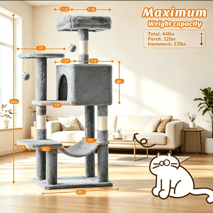 44-Inch Cat Tree Tower with Natural Sisal Scratching Posts, Large Hammock & Enclosed Cat Bed - Multi-Level Indoor Cat Climbing Structure for Large Cats & Multiple Cats, Modern Pet Furniture for Home