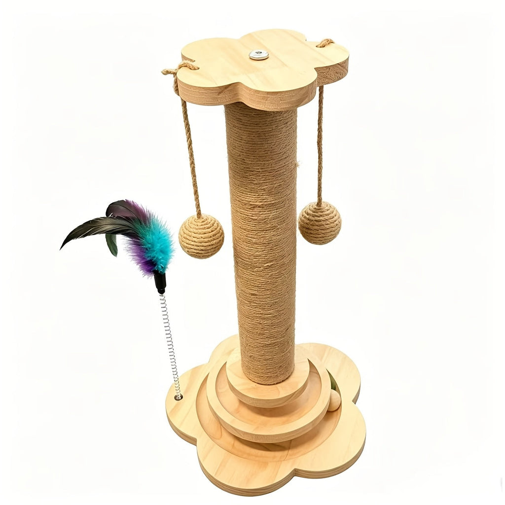 Multi-Level Cat Scratching Post Premium Sisal with 6 Wooden Toy Balls, 2 Hanging Balls, 2 Feather Teaser Toys, Non-Slip Base, Interactive Cat Tree for Indoor Cats and Kittens