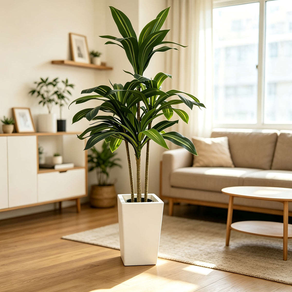 Artificial Dracaena Yucca Floor Plant in Pot 5FT & 6FT Faux Indoor Tree Adjustable Branches Artificial Moss No Maintenance for Home Office & Living Room Decor – Black & White Planter