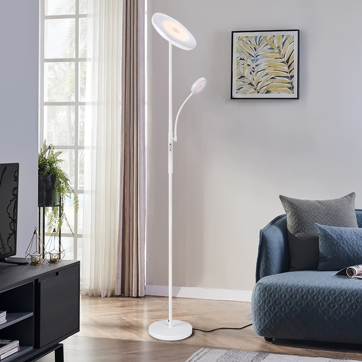 Dual-Function LED Floor Lamp 27W 2300LM Torchiere & 7W 350LM Reading Light 4 Color Temps Dimmable Remote & Touch Control for Home & Office – Black & White