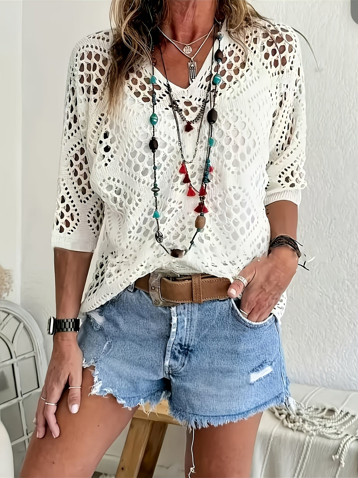 Bohemian V-Neck Openwork Sweater Women's 3/4 Sleeve Lightweight Pullover Spring Summer Fall Casual Tops US Warehouse