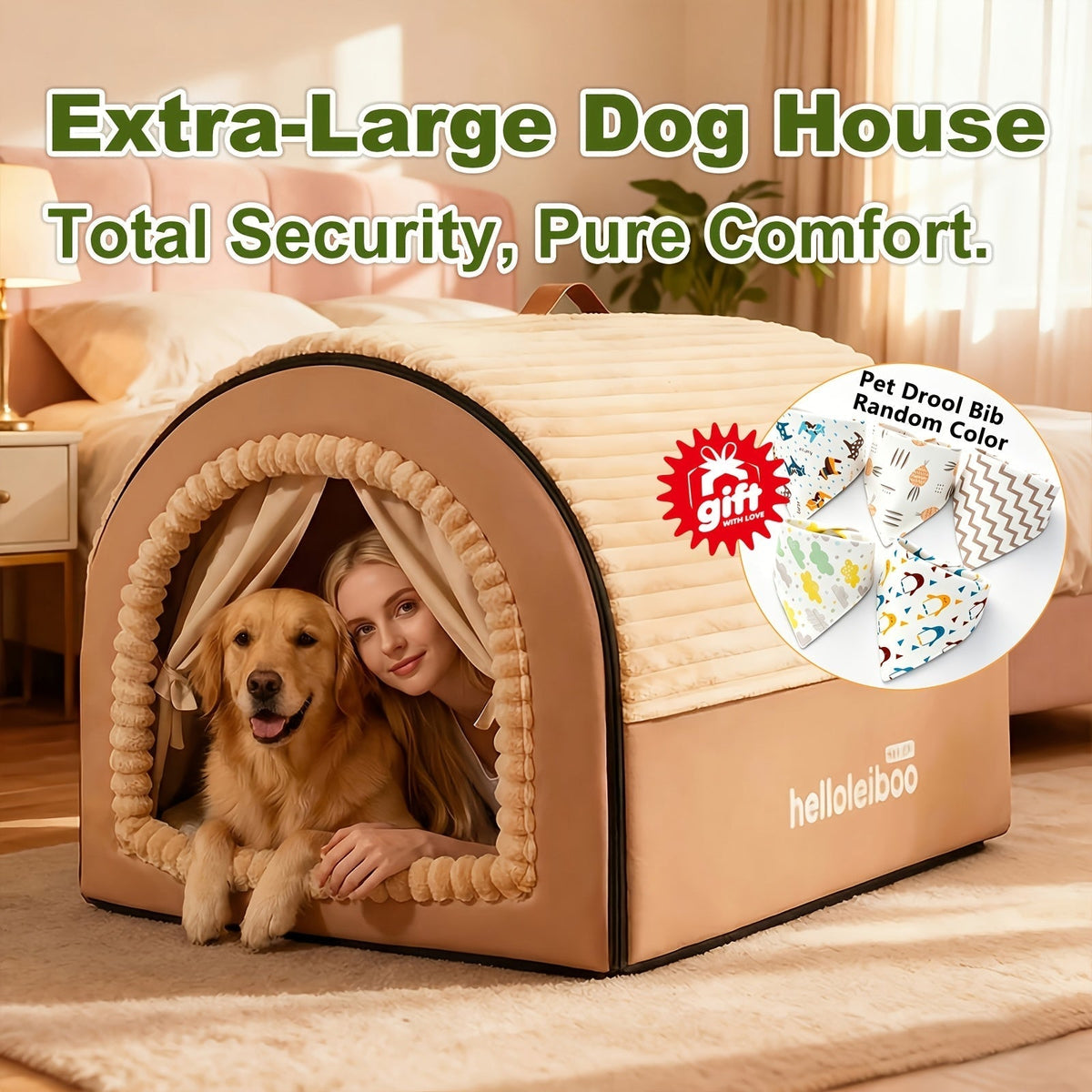Foldable 2-in-1 All-Season Cave Dog Bed – Fully Enclosed Covered Pet House with Handle, Soft Fluffy Non-Slip Washable Nest for Large, Medium & Small Dogs and Cats – Free Drool Bib – Velora