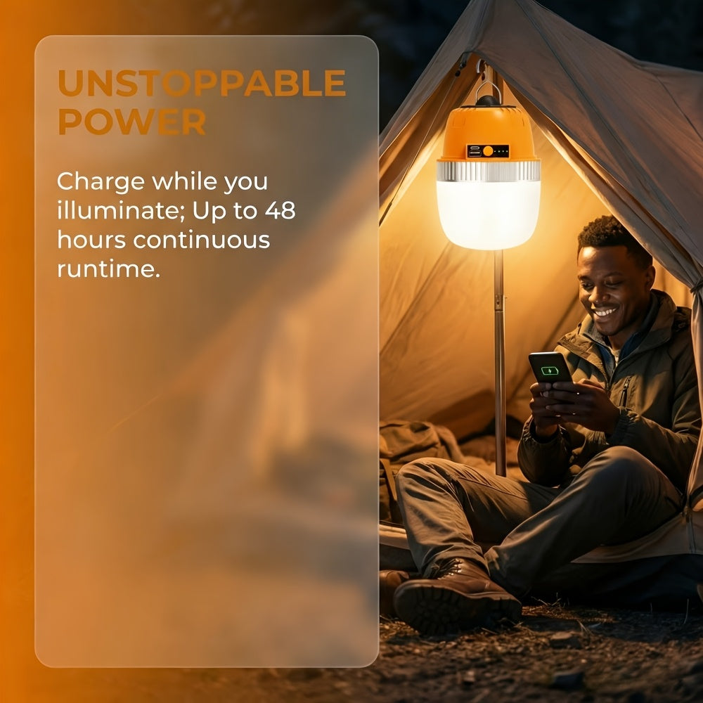 LED Camping Lantern USB Rechargeable with Built-In Power Bank, Ultra-Bright Portable Hanging Tent Light for Camping, BBQ, Patio, and Outdoor Emergency, Charges Mobile Phones, Freestanding & Hanging Design