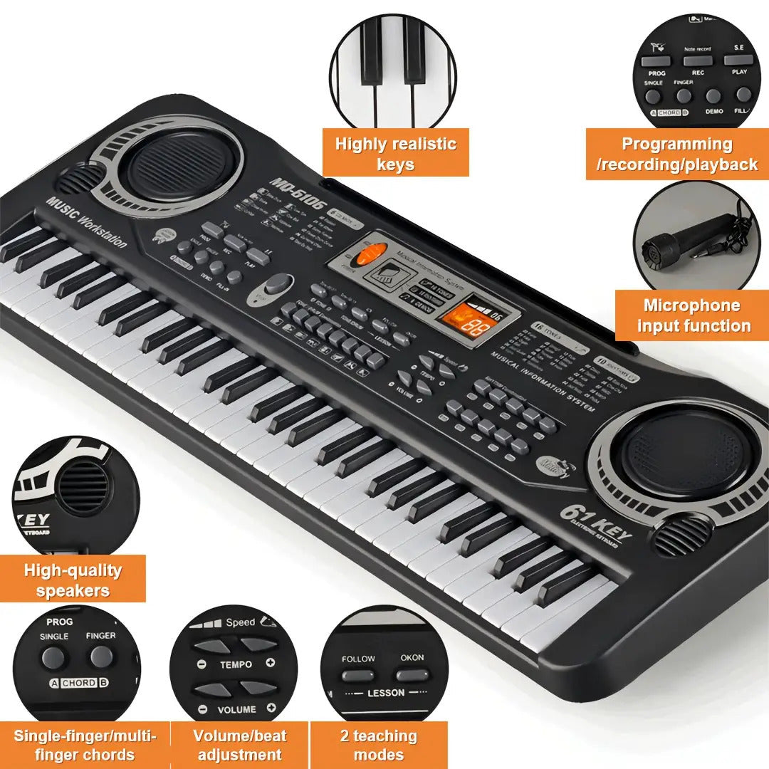 61-Key Electronic Piano Keyboard for Beginners - Built-In Microphone, Music Stand & USB Power, Complete Starter Kit for Kids & Adults, Perfect Birthday Gift for Music Lovers