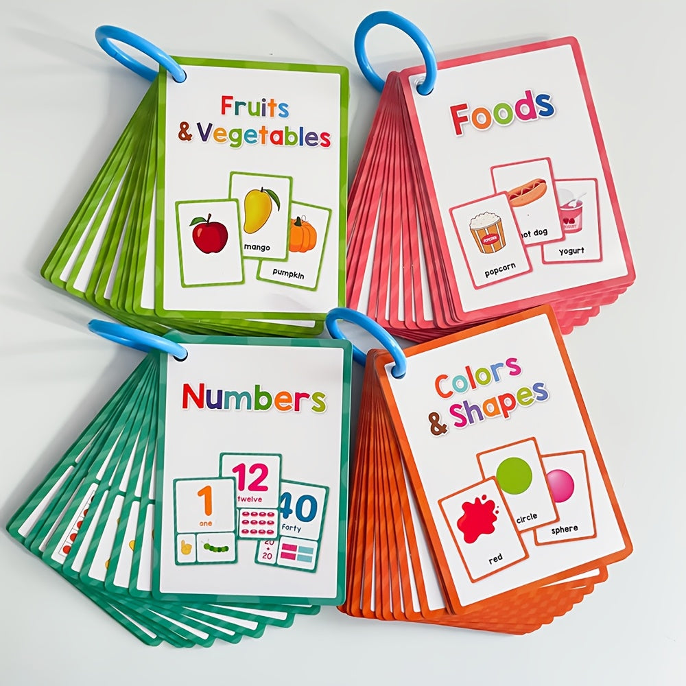 80pcs Educational Flash Cards for Kids: Numbers, Colors, Shapes, Fruits, Vegetables, Food Vocabulary with English Labels & 4 Sorting Rings - Durable Learning Flashcards for Toddlers, Preschool, Kindergarten