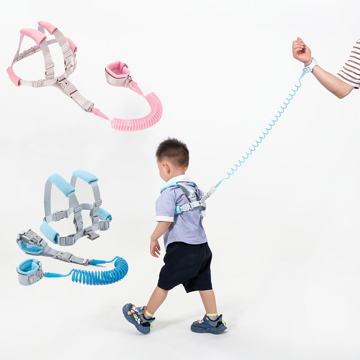 Baby Anti-Lost Wrist Leash Safety Harness, Retractable Spring Traction Rope with Wristband & Key Lock, Toddler Walking Leash for Parents & Kids in 55 & 63 Inch Lengths, Blue & Pink