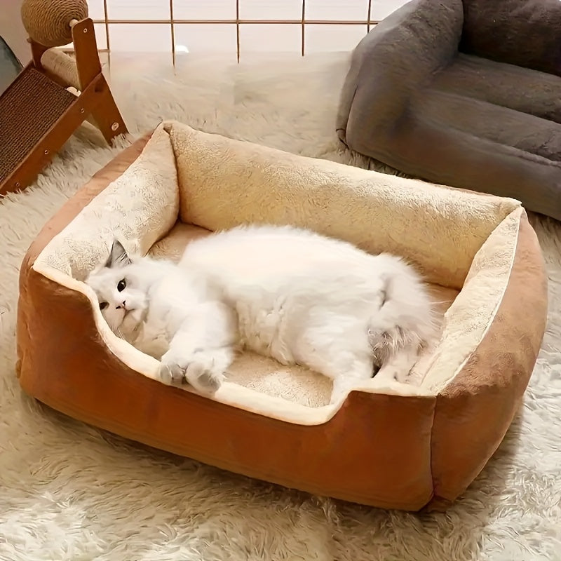 毛绒方形宠物床，适用于猫狗——柔软蓬松的缓冲垫，开放式边缘设计，易清洁涤纶材质，4种尺寸（S/M/L/XL），室内外通用，适用于猫、小型犬、兔子及豚鼠。