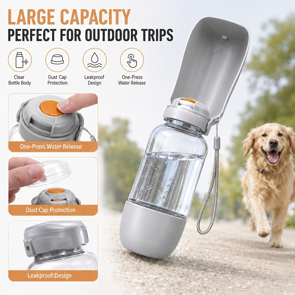 Portable 2-in-1 Dog Water Bottle with Food Bowl - 520ML Leak-Proof Pet Travel Water Dispenser for Dogs and Cats, Large Capacity Outdoor Hydration Cup for Walking, Hiking, and Camping