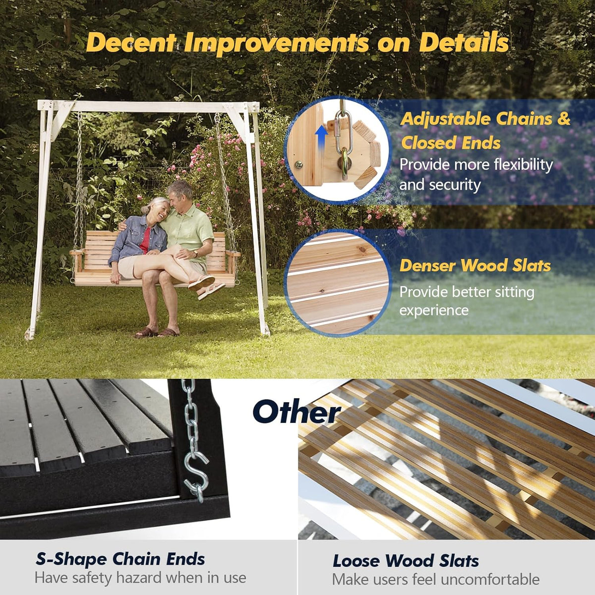 Wooden Porch Swing 880LBS Heavy Duty Ergonomic Curved Seat Adjustable Chains Well-Coated Surface for Patio Garden Courtyard Outdoor Hanging Bench 4FT 5FT Brown Natural