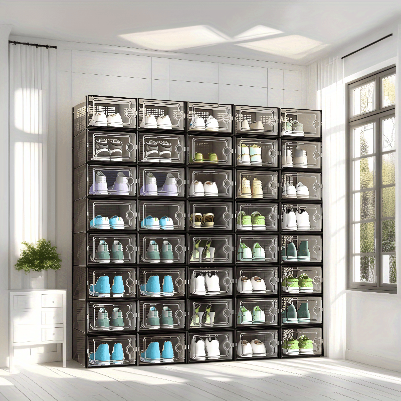 12-Pack Transparent Plastic Shoe Boxes with Lids - Large Capacity, Thickened, Stackable - Closet, Entryway, Front Door & Under-Bed Shoe Storage - Grey