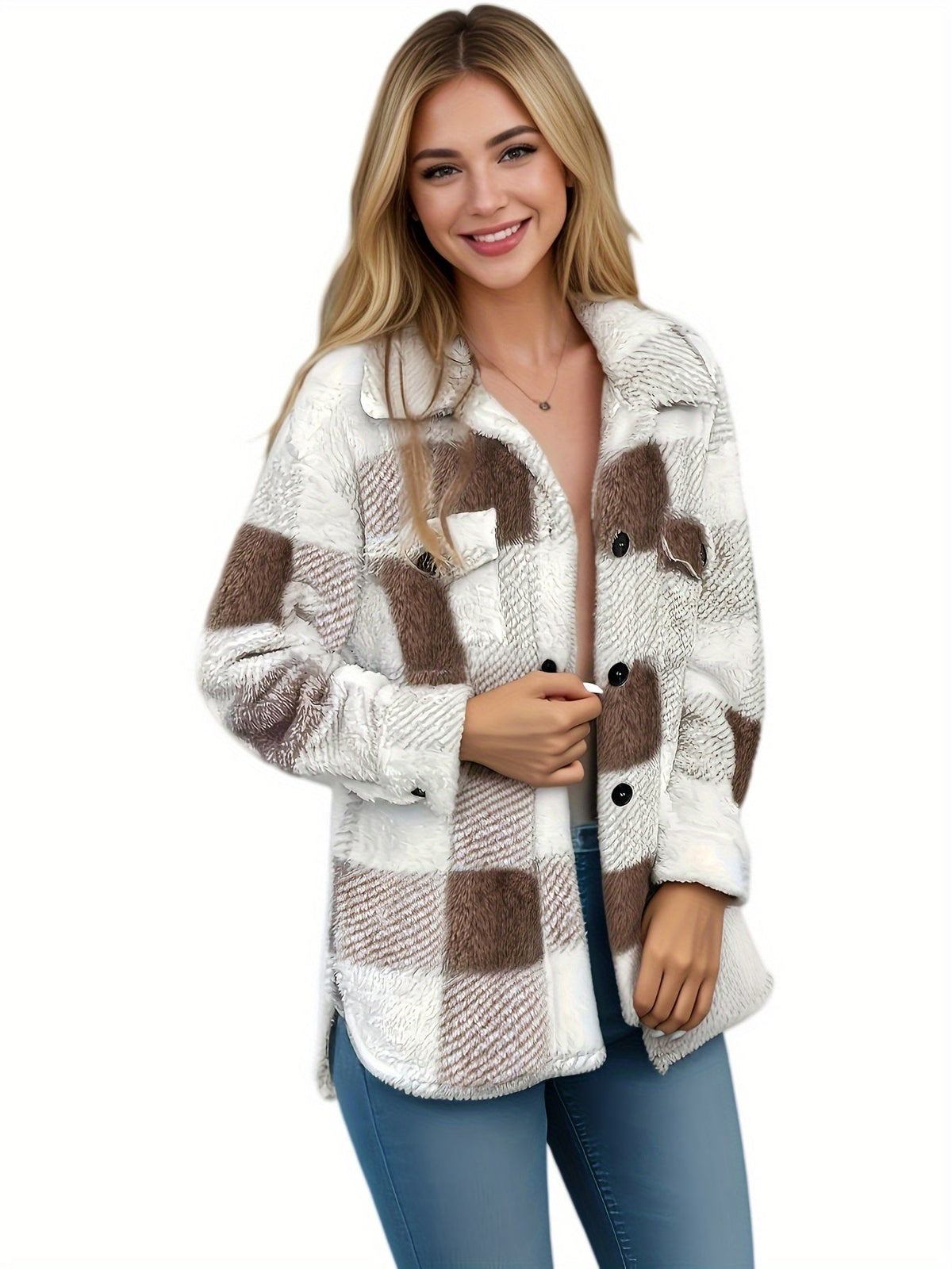 Women's Plush Winter Jacket, Soft Suede PU Fabric Plaid Pattern Coat, Fall Winter Warm Outerwear, Khaki, Black, Green, Pink, Yellow, Gray, S, M, L, XL, XXL