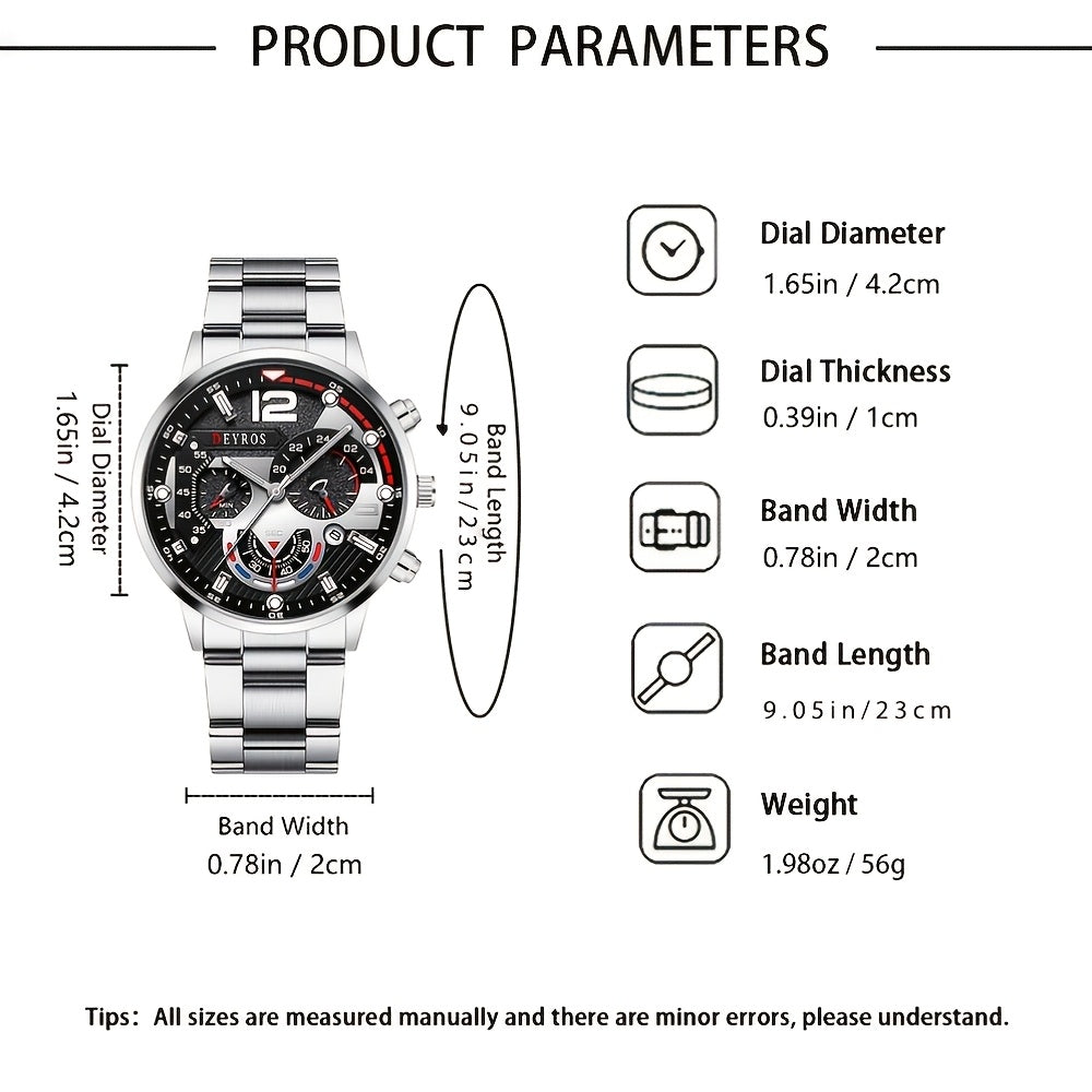 Men's 3-Piece Watch, Necklace, and Bracelet Set - Luxury Analog Quartz Wristwatch Matching Jewelry Combo for Daily Wear, Gift for Him (Silver, Gold, Black)