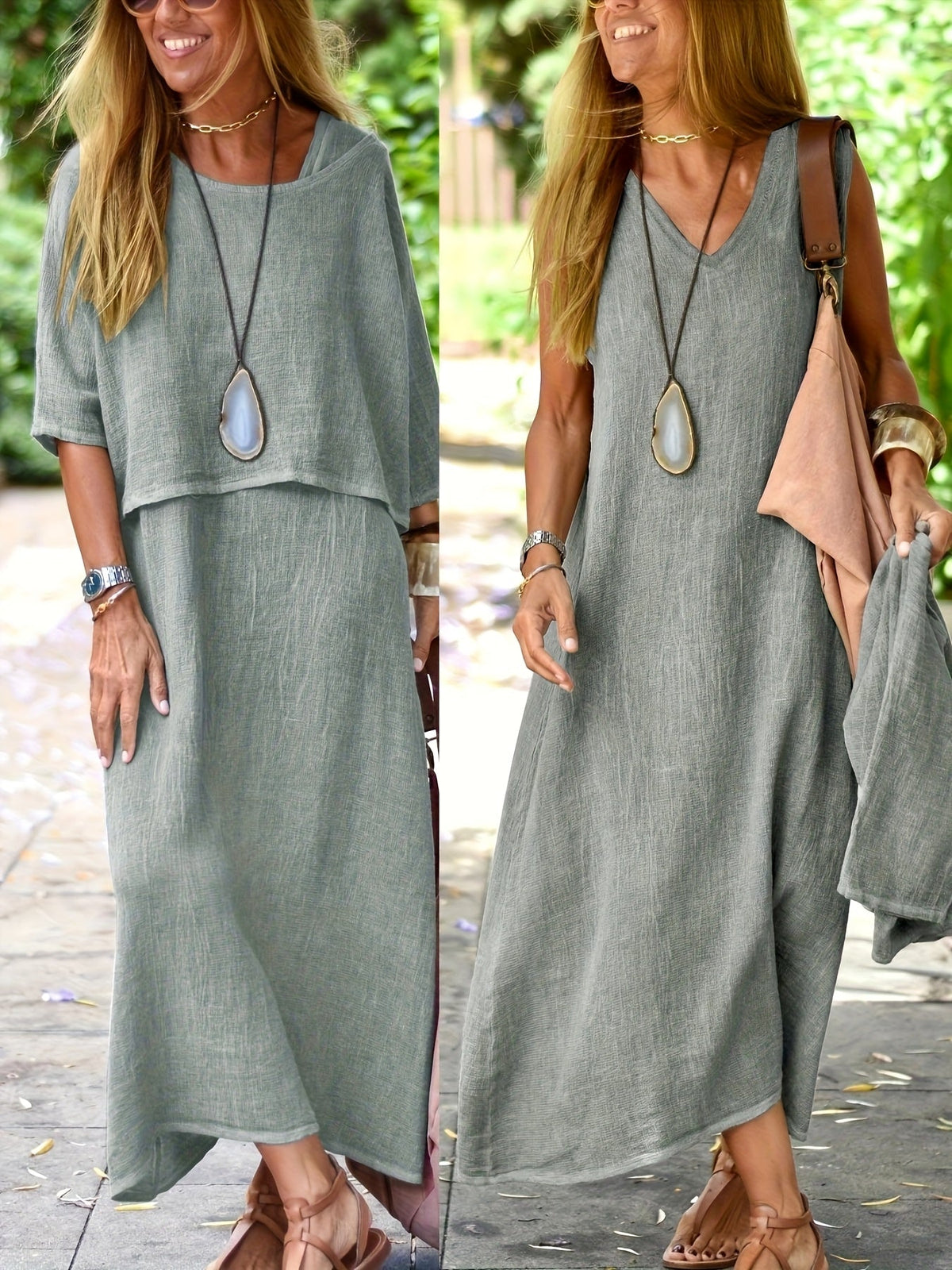 Women's Two-Piece Casual Loose Top and Sleeveless Maxi Dress Summer Boho Outfit Black Khaki Sky Blue Slate Grey S M L XL XXL