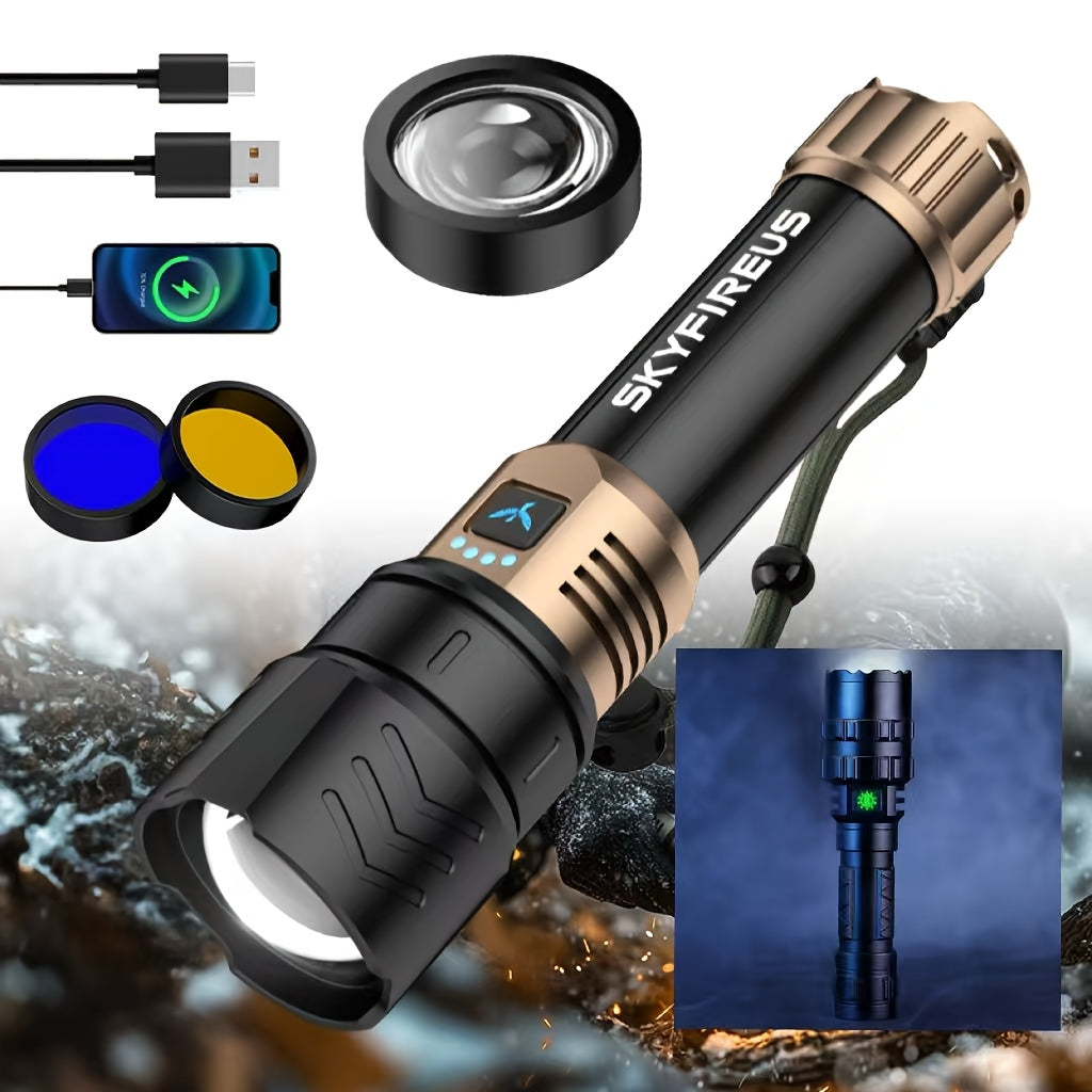 SKYFIRE 5000 Lumen Rechargeable LED Flashlight with Ignition Lens, Adjustable Focus & 4 Modes – Super Bright High-Lumen Tactical Flashlight for Camping, Outdoor, Farm & Emergency Family Use