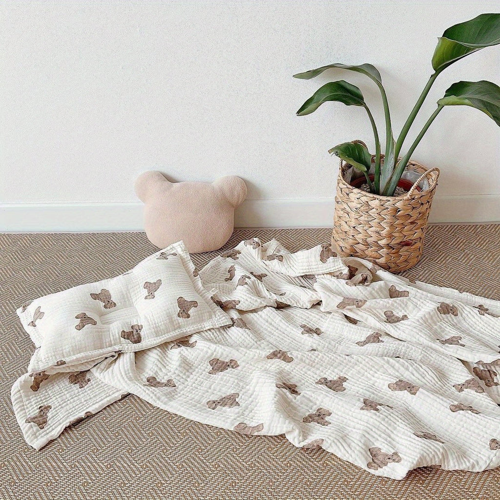 Double-Layer Cotton Gauze Baby Swaddle Blanket with Cute Bear Print, Soft Muslin Bath Towel Blanket for Newborns & Infants, 35x51 Inch Multi-Use Swaddle Wrap for Boys & Girls