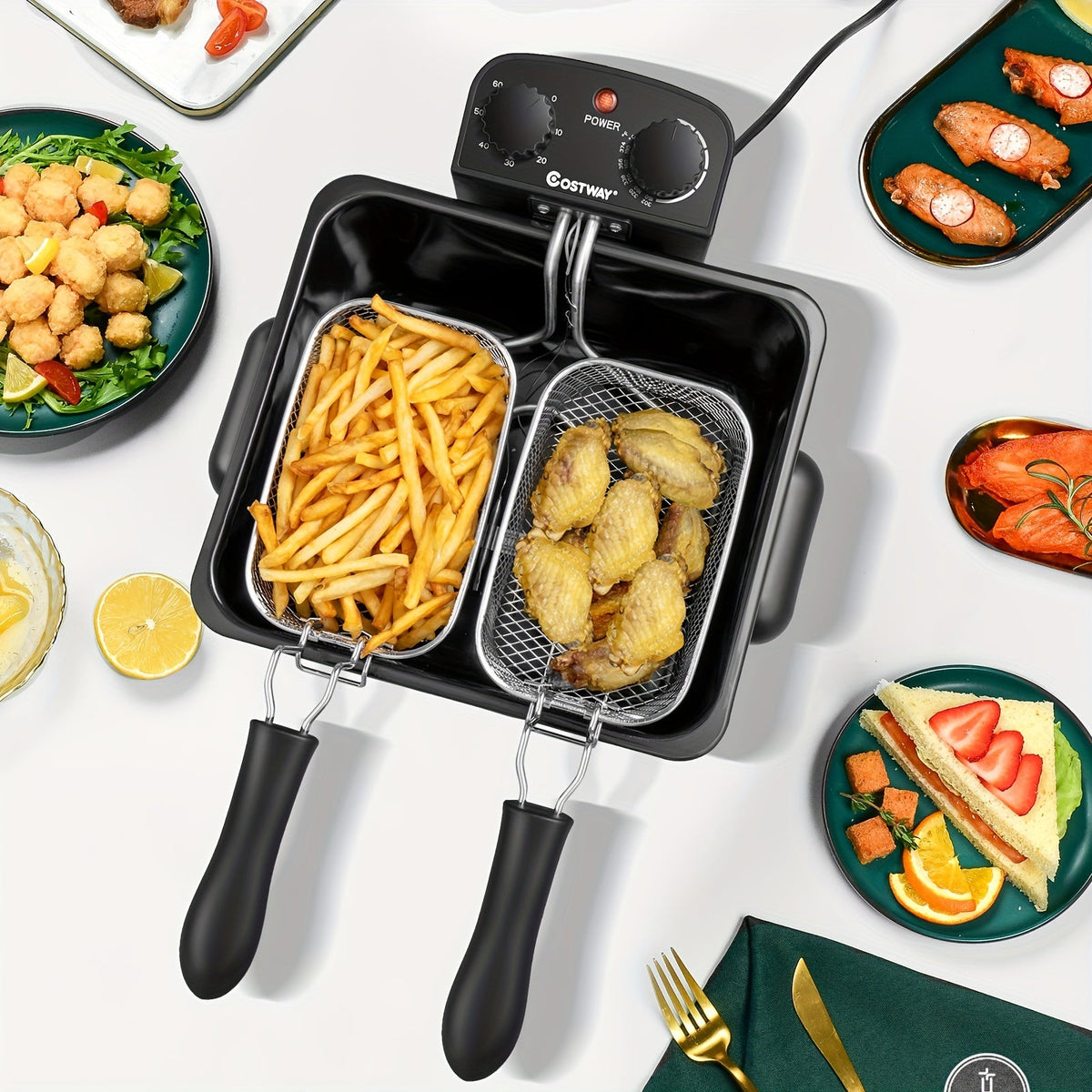 Electric Deep Fryer 5.3Qt/21-Cup with Triple Baskets, 1700W Stainless Steel, Adjustable Temperature 302°F-374°F, 60-Min Timer, View Window Lid, Cool-Touch Handles, Anti-Slip Base, Home Kitchen