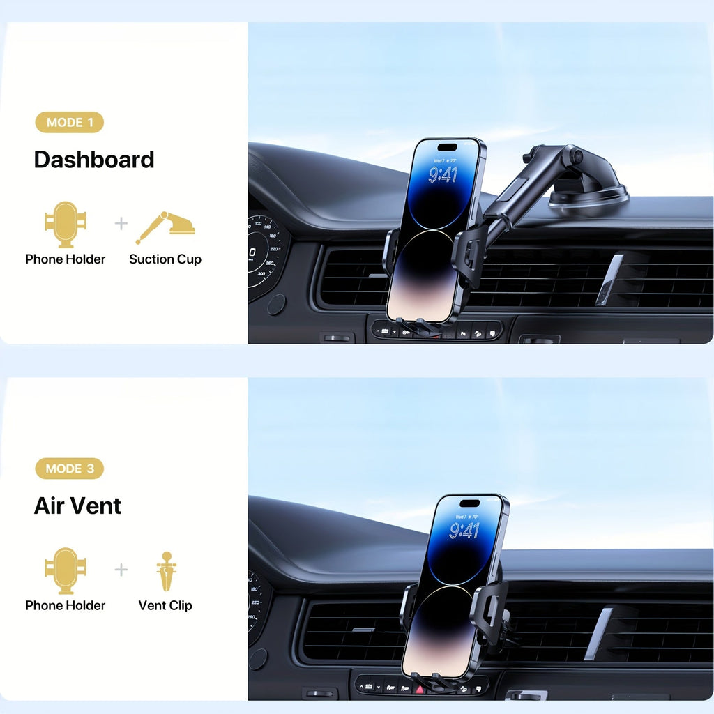 3-in-1 Car Phone Holder: Suction Cup & Air Vent Mount | 360° Rotation, 6.5"-8.5" Telescopic Arm, 60lb Nano-Gel Suction, Scratch-Proof – Universal Fit for iPhone, Samsung, Google & All 4"-7.2" Phones