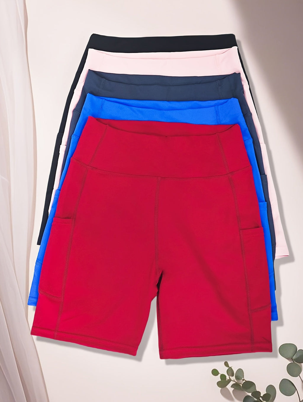 Women's High-Waist Yoga Shorts 5-Pack with Pockets, Sweat-Wicking, Elastic Waistband, Tummy Control, Workout/Running/Cycling Shorts for Women, Sizes M-XXL, Mixed Colors