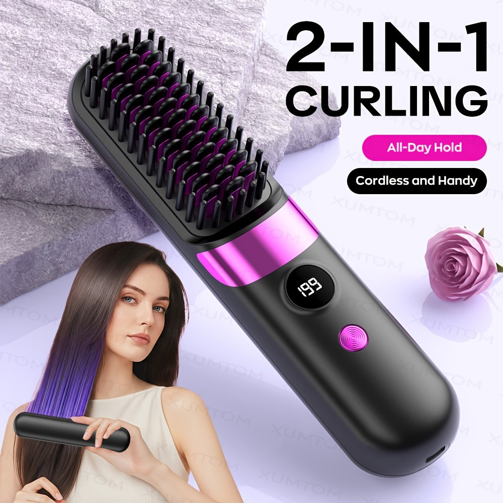 2-in-1 Hair Straightening Comb & Curling Iron - 4-Speed Temperature Control, Fast Heating, LED Display, USB Charging - Standard & Upgraded Versions - Black & Beige