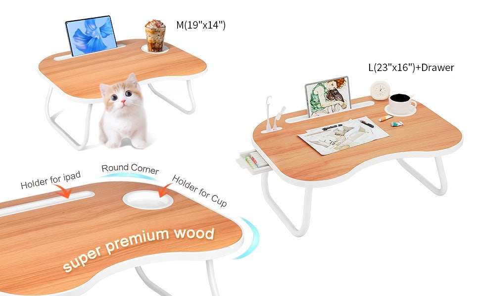 Laptop Desk with USB Port, Storage Drawer & Cup Holder – Walnut Wood Bed Tray Table for Eating, Writing, Sofa, Couch, Adults, and Students
