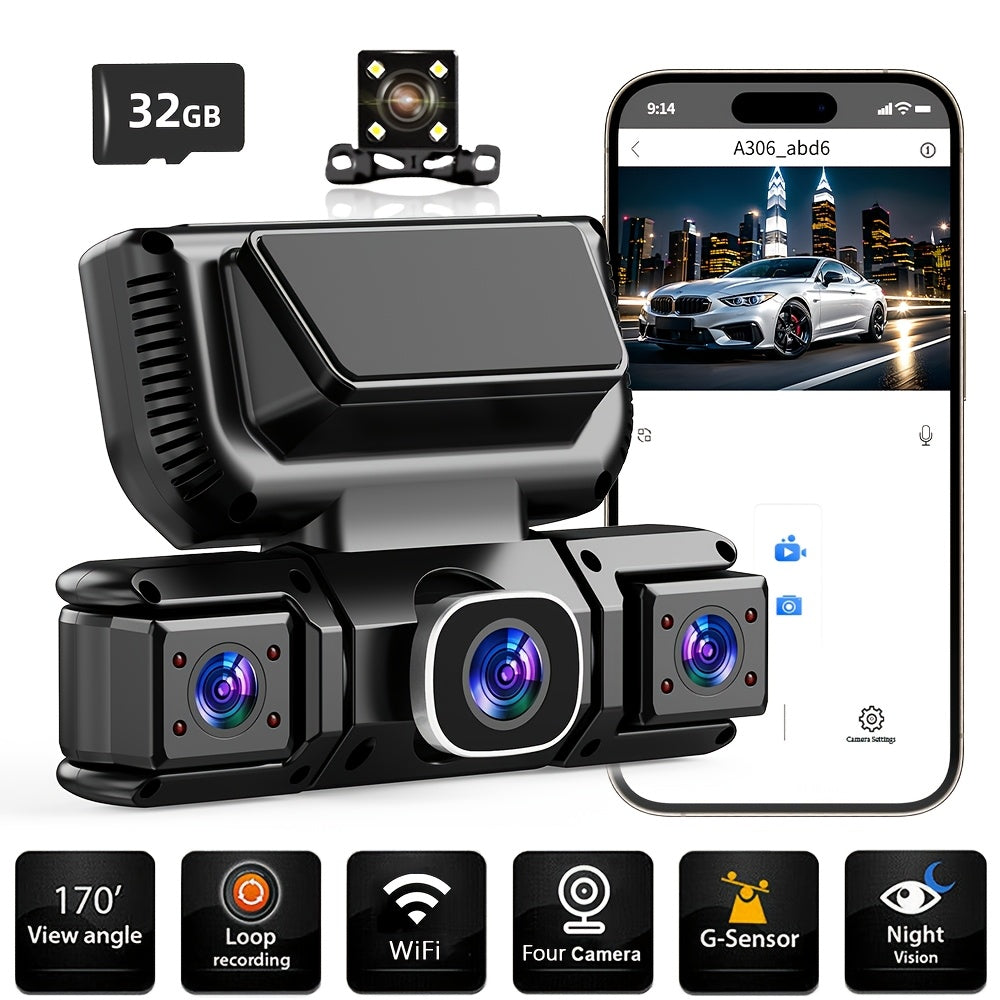 FOXGOD 360° Dash Cam for Car - 4 Channel Recording, Night Vision, 3.16" IPS Screen, WiFi, G-Sensor, Parking Mode, Includes 32GB Card - 4 Lens Bundle