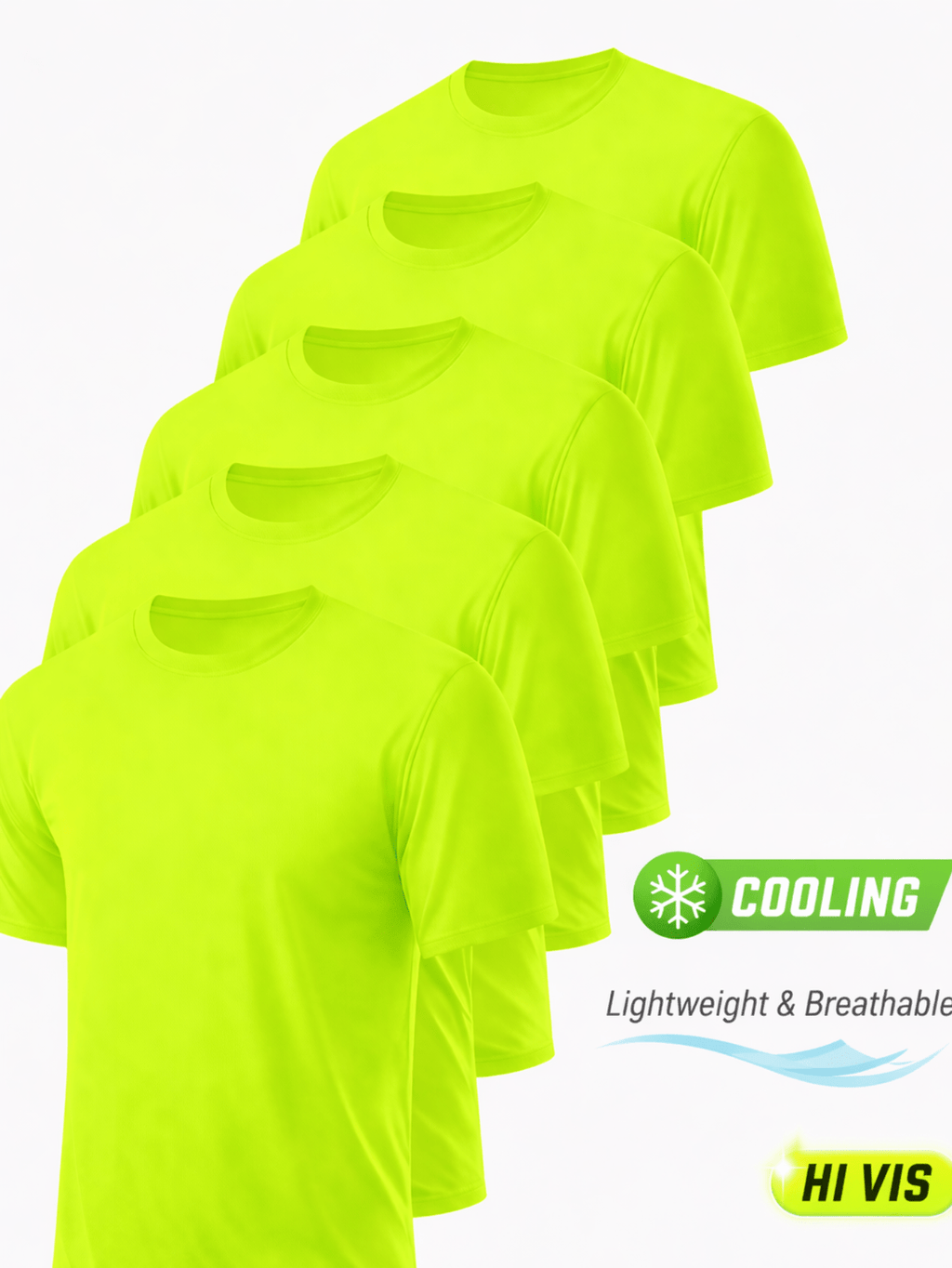5-Pack Men's UPF 50+ Safety Work Shirts – Quick-Dry Breathable Performance Tees for Outdoor Jobs, Fluorescent Yellow High-Visibility, S-XXXL, Gift for Dad