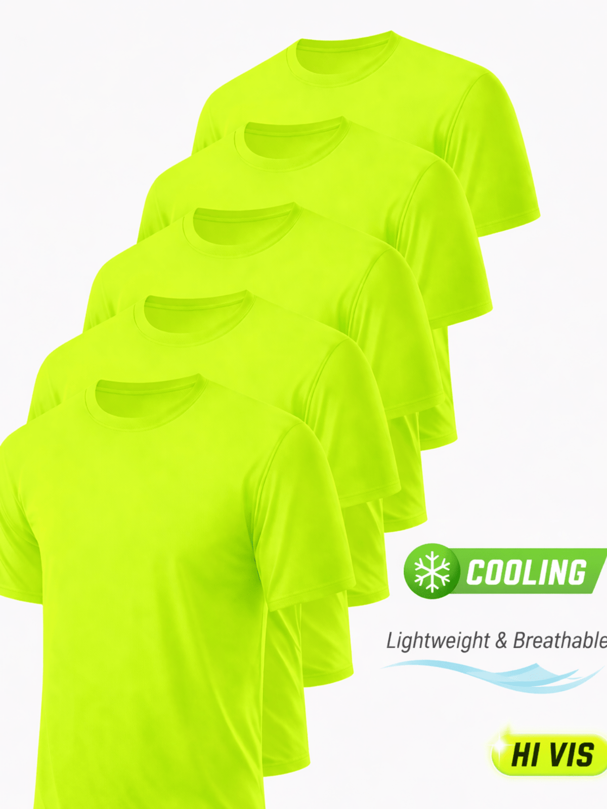 5-Pack Men's UPF 50+ Safety Work Shirts – Quick-Dry Breathable Performance Tees for Outdoor Jobs, Fluorescent Yellow High-Visibility, S-XXXL, Gift for Dad