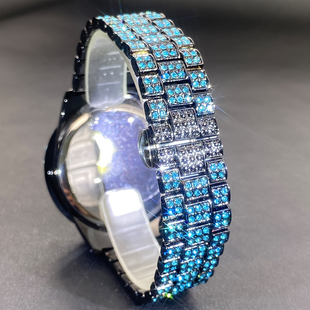 Rhinestone Couple's Watch Set, Luxury Quartz Movement with Calendar and Luminous Display, Red and Ice Blue Rhinestone Fashion Party Gift Watches for Men and Women