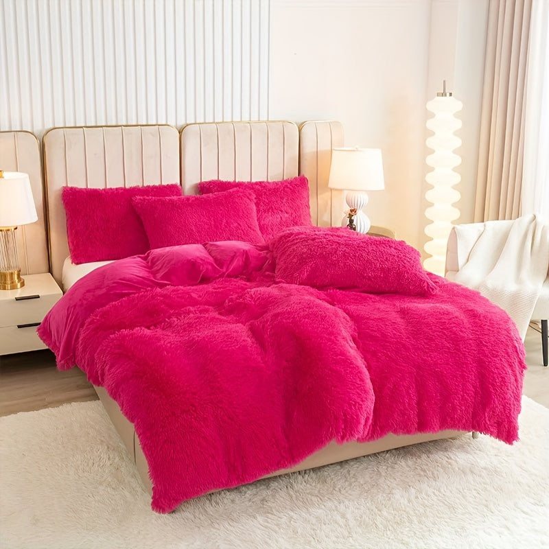 Plush Duvet Cover Set 3 Piece, Long Hair Knitted Polyester, Solid Color Fuzzy Comforter Cover with Zipper Closure, All-Season Soft Cozy Bedding Set for Bedroom, Multiple Colors Available