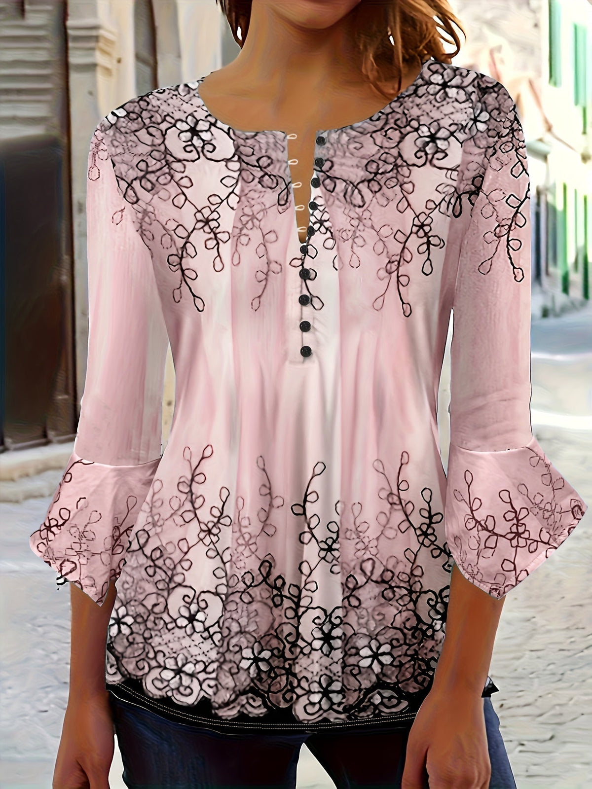 Floral Print Button-Front Blouse Women's Ruffle Flare Sleeve Casual Tunic Top Soft Stretch Knit Fabric Spring Summer Fall S-XXL Machine Washable