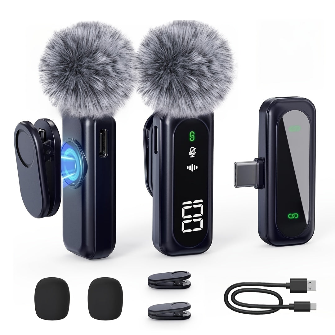 Wireless Lavalier Microphone USB-C 2.4G with DSP Noise Reduction, Digital Battery Display, 360° Omnidirectional Clip-On Lapel Mic, 100ft Range, Furry Windshield, Rotatable Magnetic Clip for iPhone, Android, Camera & Content Creators