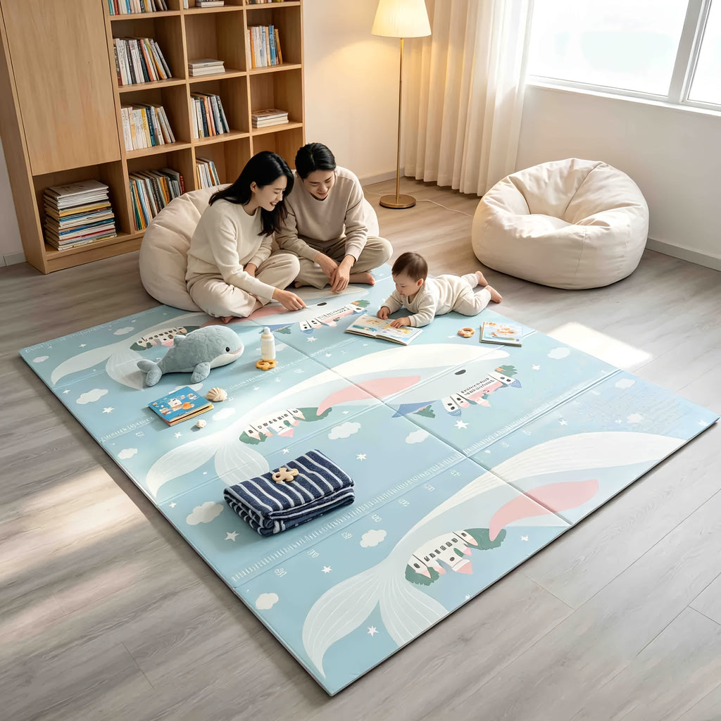 Double-Sided Crawling & Tummy Time Play Mat, Soft Thickened Foldable Baby Floor Mat for Indoor Use, Whale Paradise Design in 79x71 and 79x59 Inch Sizes