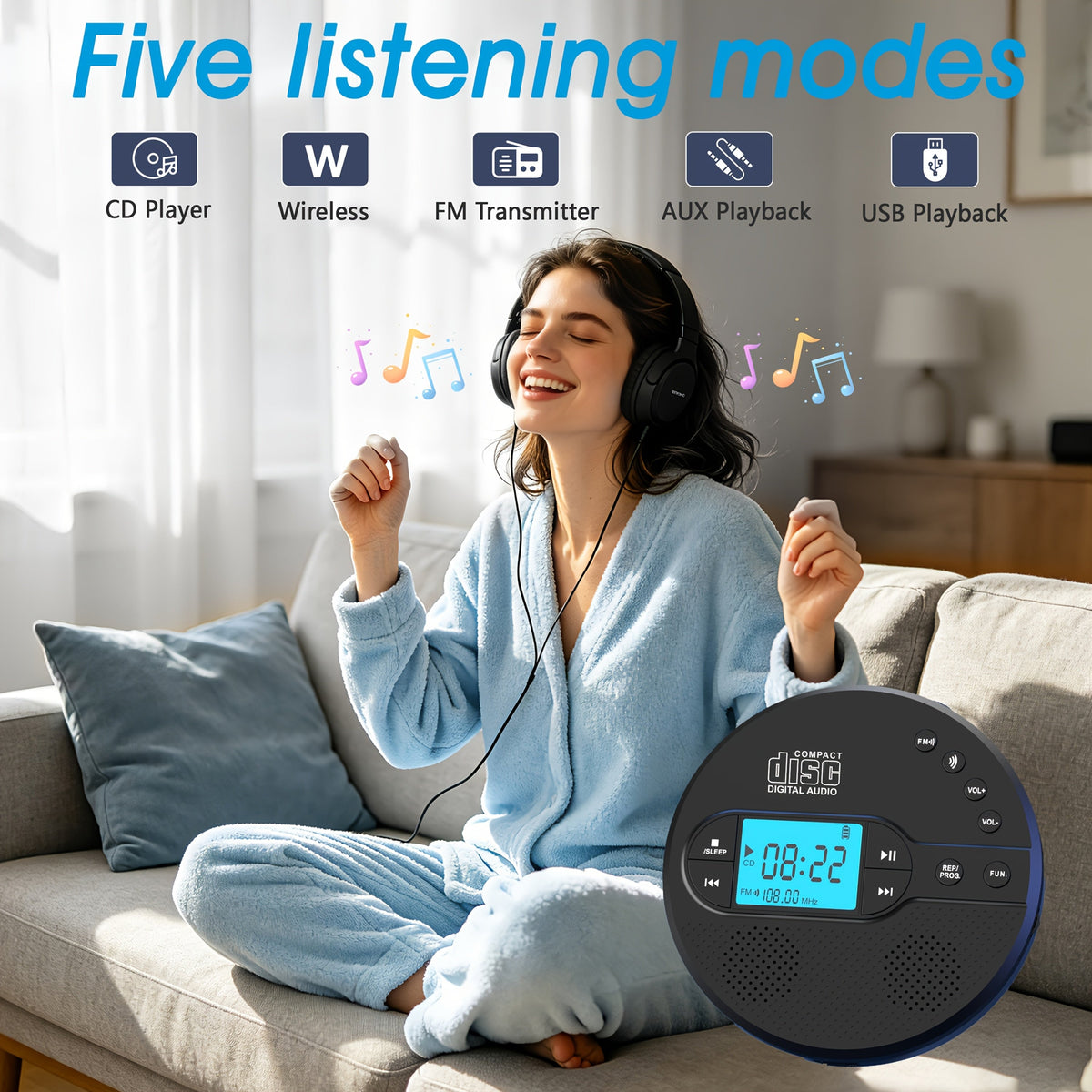 Portable CD Player with FM Transmitter & Built-In Speaker Rechargeable CD RW MP3 LCD Display Anti-Skip Stereo Sound for Desk & Headphone Use – Black