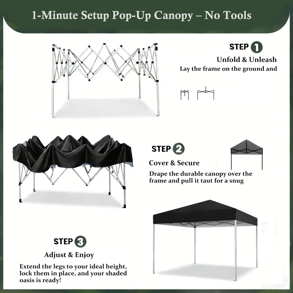 10x10 Pop Up Canopy Tent, UPF 50+ Heavy-Duty Steel Frame, 3 Height Settings, Waterproof Instant Canopy with Carry Bag for Backyard, Patio, Beach, Camping, Party, Market - Space Gray, Black, Blue, Red, Dark Gray, Forest Green