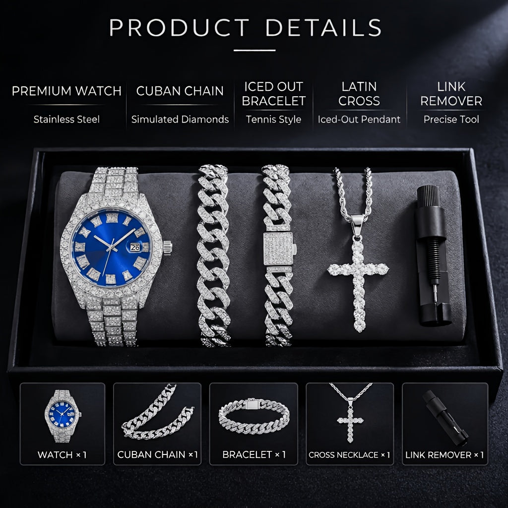 4-Piece Rhinestone Watch and Cross Pendant Jewelry Set, Quartz Analog Wristwatch, Necklace, Bracelet, and Earrings, Unisex Gift for Him or Her, Wedding