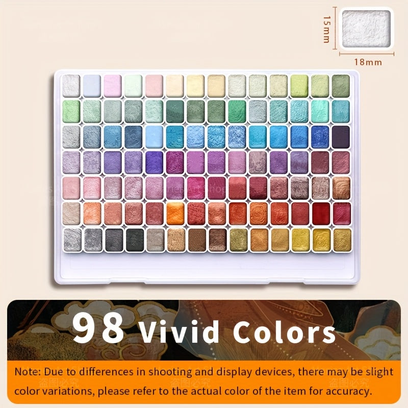 98-Color Metallic Shimmer Watercolor Paint Set, Premium Pearl Pigments in a Portable Case, High Lightfastness for Canvas Illustration, Scrapbooking, Decoration, and Art Supplies for Artists and Hobbyists