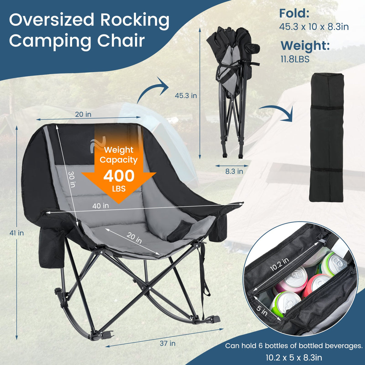 Oversized Rocking Camping Chair – 400 LB Capacity Fully Padded High Back Portable Lawn Recliner with Cooler Bag & Side Pocket for Camp Patio & Outdoor in Black Gray & Blue