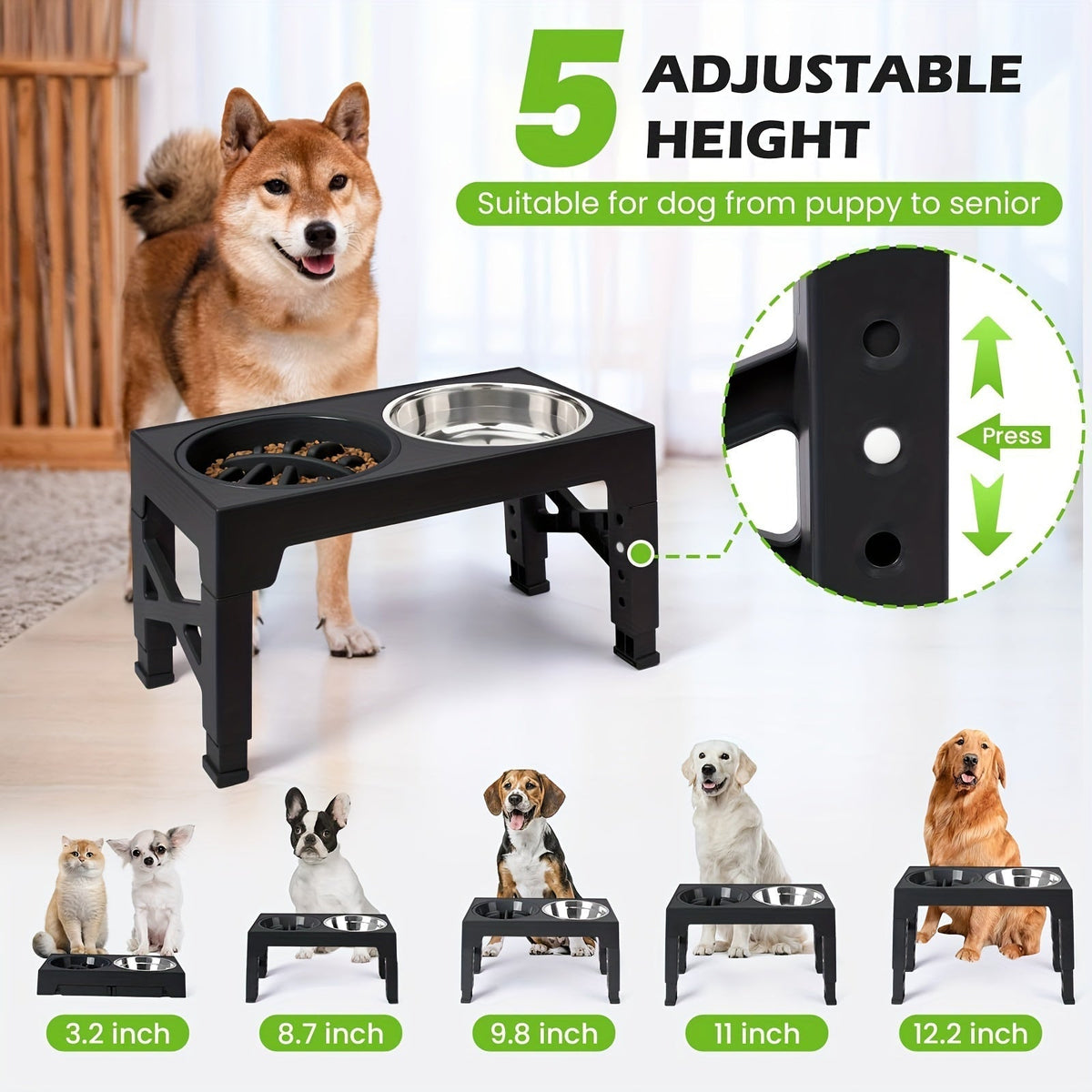 Adjustable Elevated Dog Bowl Stand with 3-Bowl Set – 5 Heights 3.2–12.2 Inches, 2 Stainless Steel Bowls + Slow Feeder Bowl for Small, Medium, and Large Dogs, Raised Feeder in Black or Gray