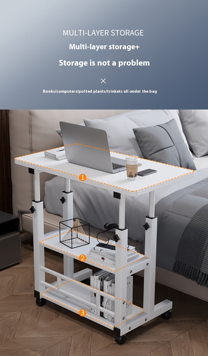 3-Tier Rolling Folding Desk with Wheels, Height-Adjustable and Expandable Desktop, Storage Shelf for Laptop, Study, Home Office, Bedroom, Living Room Computer Table