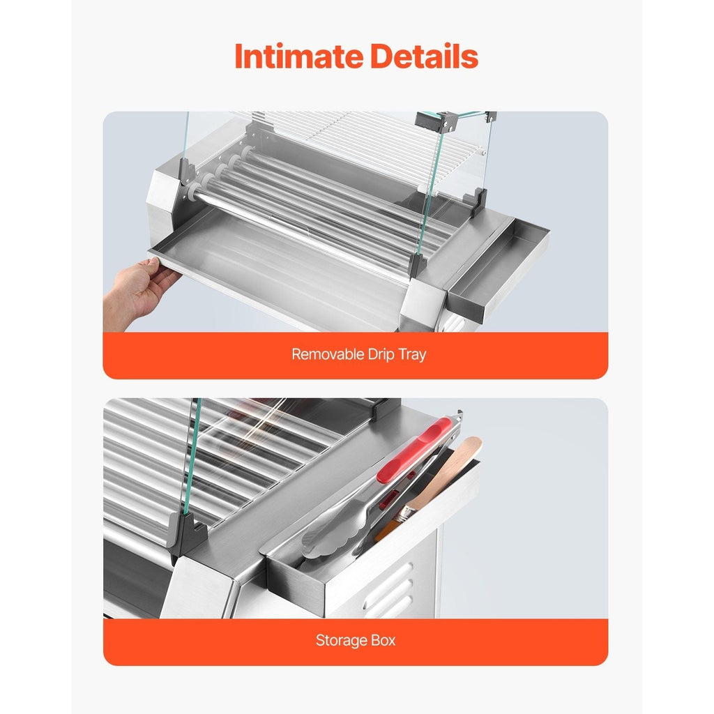 VEVOR Hot Dog Roller Machine 12 Hot Dogs 5 Stainless Steel Rollers Dual Temperature Control Glass Cover Storage Box & Removable Drip Tray for Food Stands Parties & Restaurants – Silver