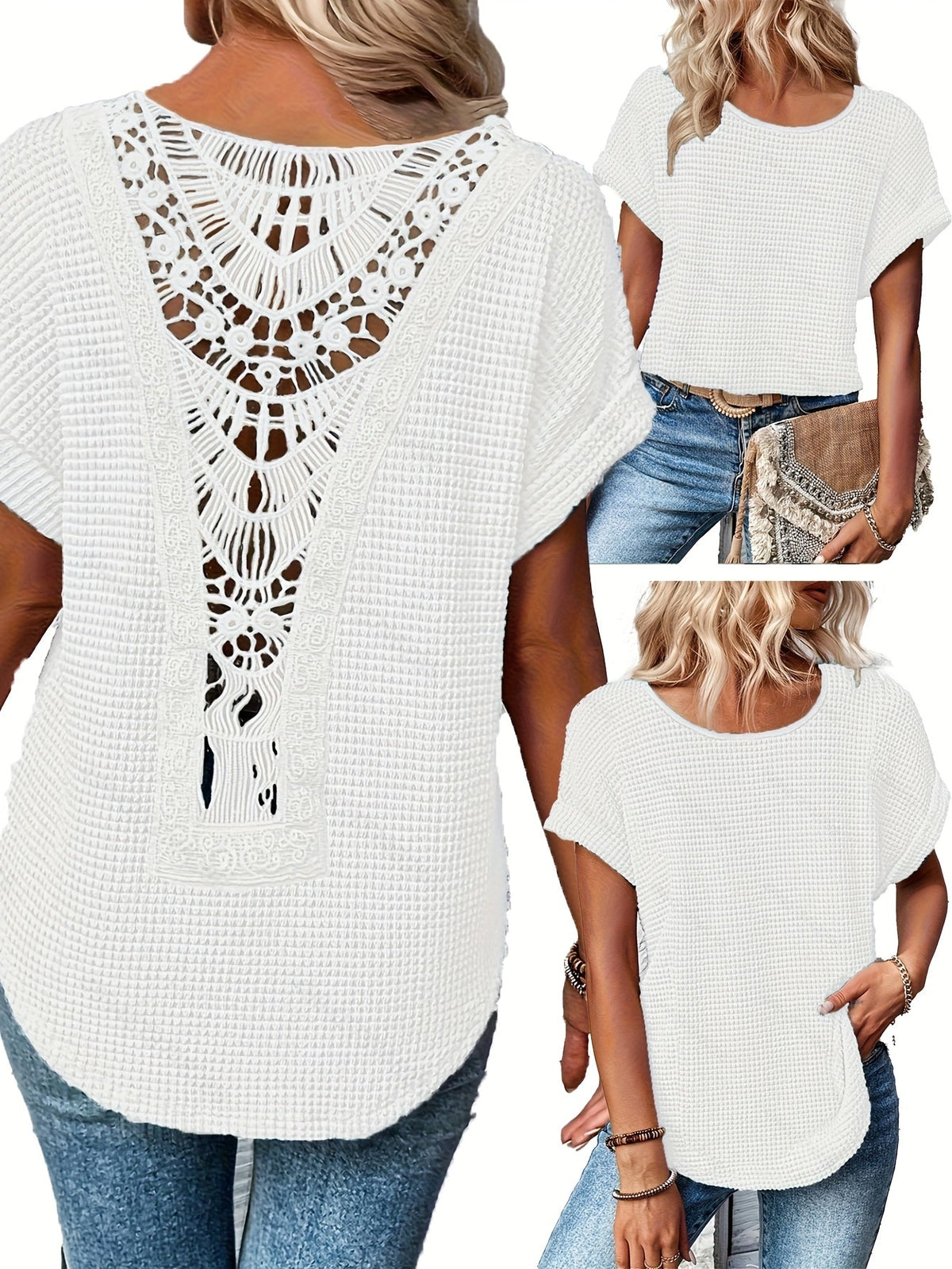 Lace Patchwork Round Neck Short Sleeve T-Shirt Women's Summer Casual Flowy Top Peacock Blue Khaki Black White S M L XL XXL